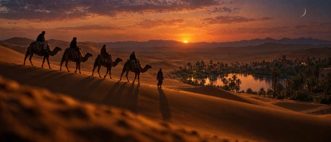 Desert caravan at dusk